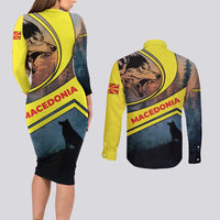 Macedonia Couples Matching Long Sleeve Bodycon Dress and Long Sleeve Button Shirt with Forest Wolf and Sunset Silhouette Design - Wonder Print Shop