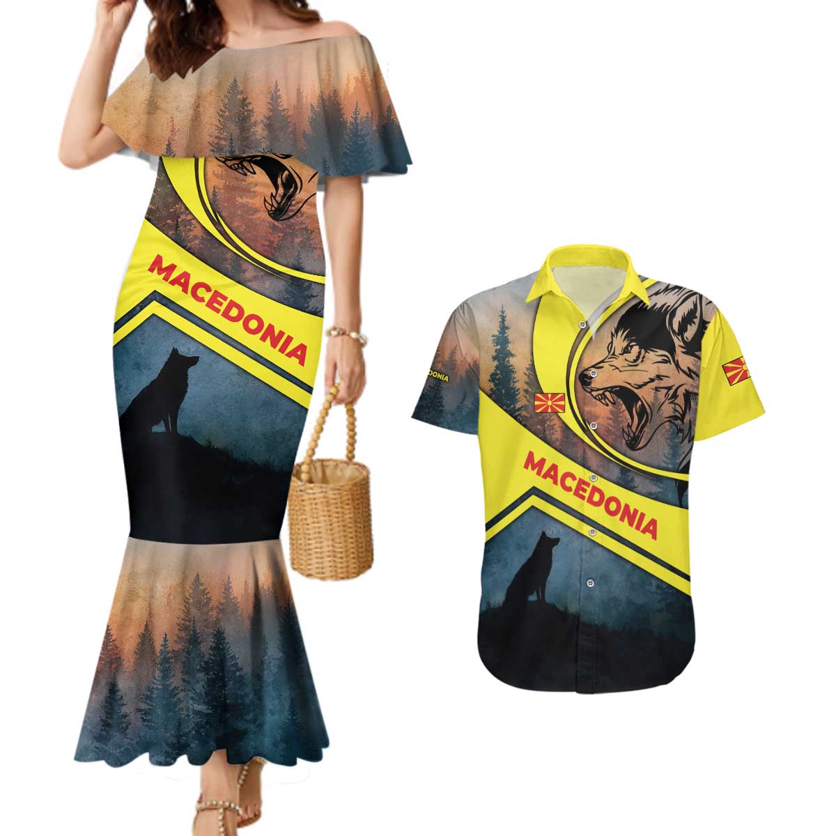 Macedonia Couples Matching Mermaid Dress and Hawaiian Shirt with Forest Wolf and Sunset Silhouette Design - Wonder Print Shop