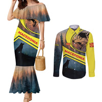 Macedonia Couples Matching Mermaid Dress and Long Sleeve Button Shirt with Forest Wolf and Sunset Silhouette Design - Wonder Print Shop