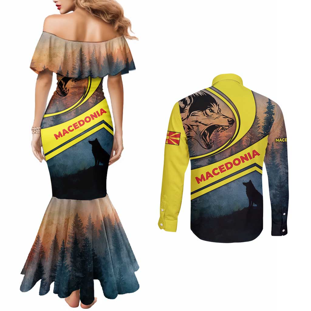 Macedonia Couples Matching Mermaid Dress and Long Sleeve Button Shirt with Forest Wolf and Sunset Silhouette Design - Wonder Print Shop