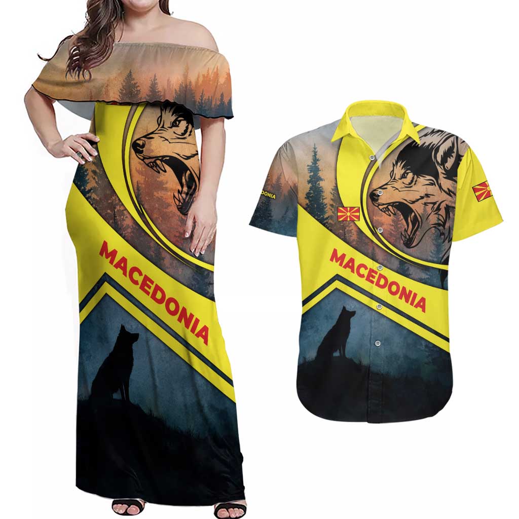 Macedonia Couples Matching Off Shoulder Maxi Dress and Hawaiian Shirt with Forest Wolf and Sunset Silhouette Design - Wonder Print Shop