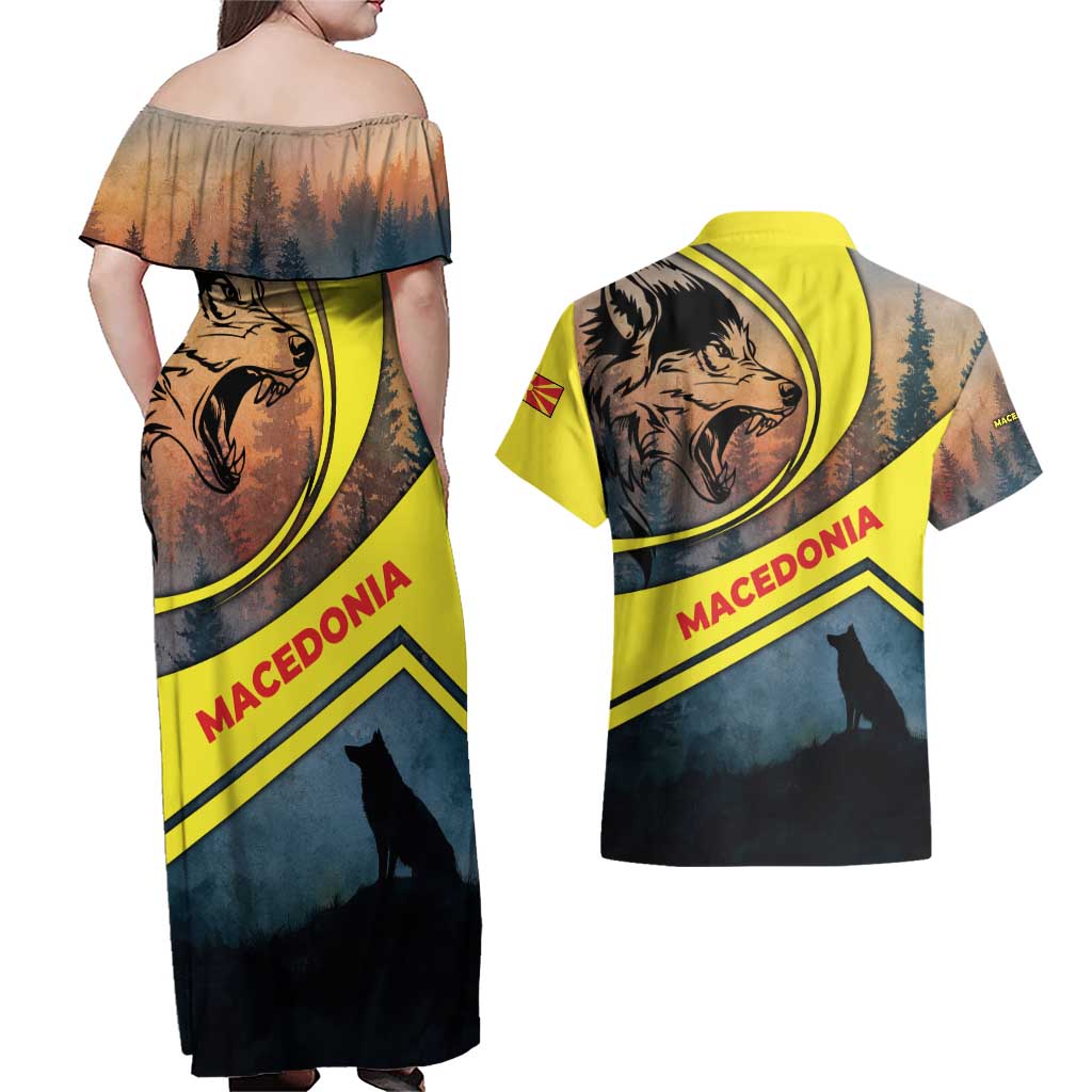 Macedonia Couples Matching Off Shoulder Maxi Dress and Hawaiian Shirt with Forest Wolf and Sunset Silhouette Design - Wonder Print Shop