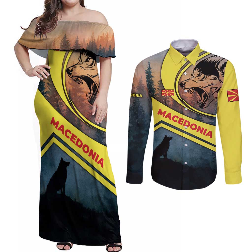 Macedonia Couples Matching Off Shoulder Maxi Dress and Long Sleeve Button Shirt with Forest Wolf and Sunset Silhouette Design - Wonder Print Shop