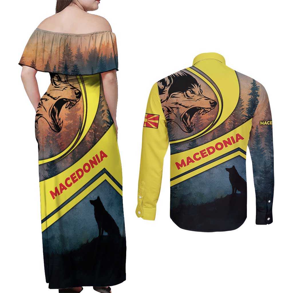 Macedonia Couples Matching Off Shoulder Maxi Dress and Long Sleeve Button Shirt with Forest Wolf and Sunset Silhouette Design - Wonder Print Shop