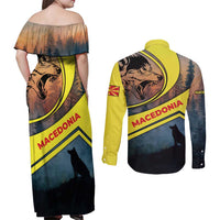 Macedonia Couples Matching Off Shoulder Maxi Dress and Long Sleeve Button Shirt with Forest Wolf and Sunset Silhouette Design - Wonder Print Shop