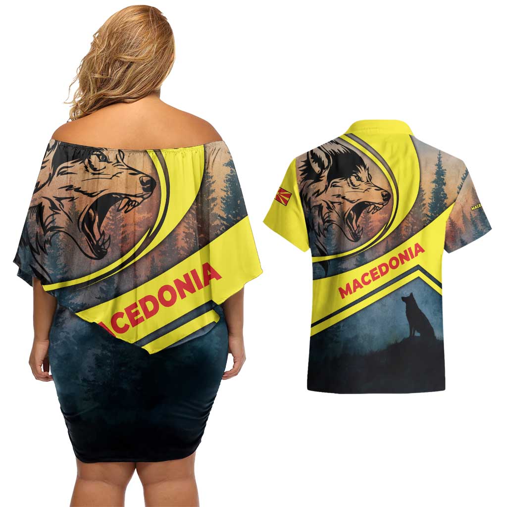 Macedonia Couples Matching Off Shoulder Short Dress and Hawaiian Shirt with Forest Wolf and Sunset Silhouette Design - Wonder Print Shop