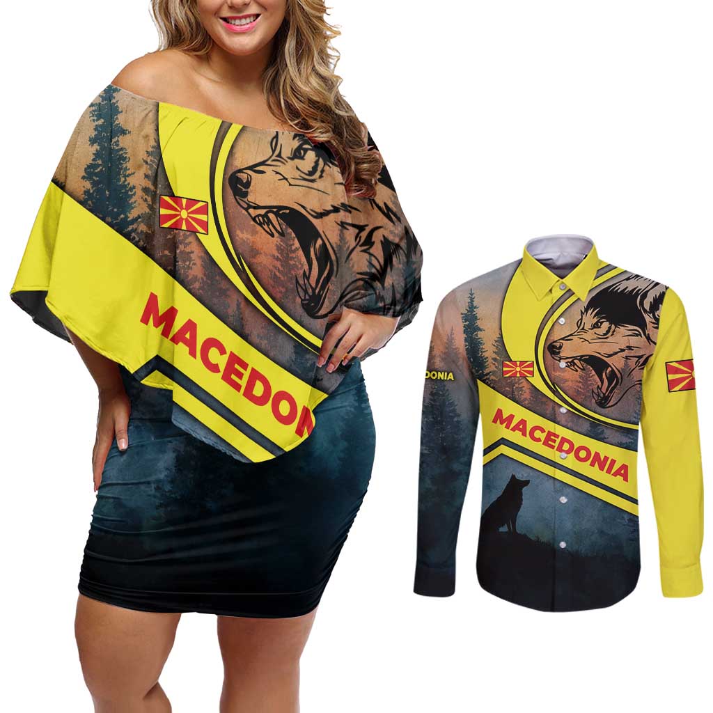 Macedonia Couples Matching Off Shoulder Short Dress and Long Sleeve Button Shirt with Forest Wolf and Sunset Silhouette Design - Wonder Print Shop