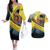Macedonia Couples Matching Off The Shoulder Long Sleeve Dress and Hawaiian Shirt with Forest Wolf and Sunset Silhouette Design - Wonder Print Shop
