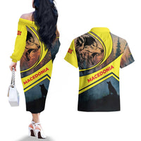 Macedonia Couples Matching Off The Shoulder Long Sleeve Dress and Hawaiian Shirt with Forest Wolf and Sunset Silhouette Design - Wonder Print Shop
