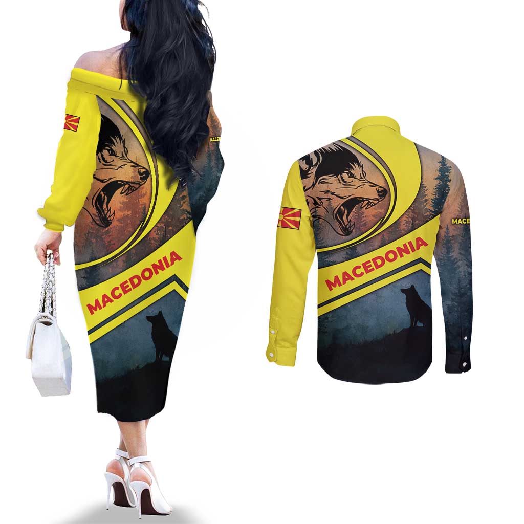 Macedonia Couples Matching Off The Shoulder Long Sleeve Dress and Long Sleeve Button Shirt with Forest Wolf and Sunset Silhouette Design - Wonder Print Shop