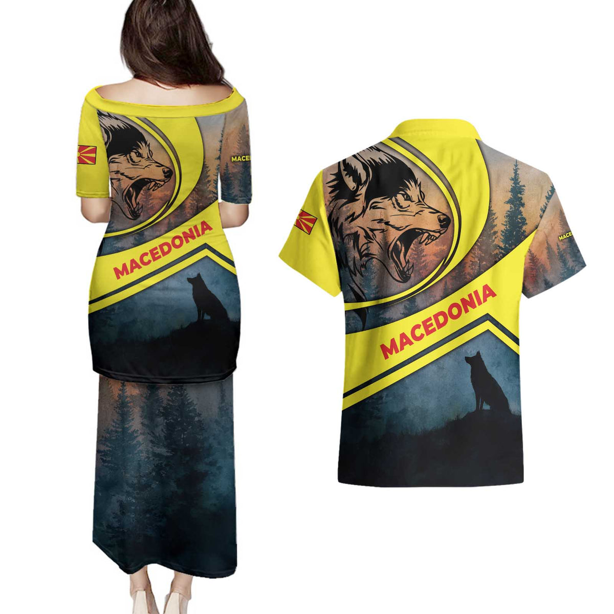 Macedonia Couples Matching Puletasi and Hawaiian Shirt with Forest Wolf and Sunset Silhouette Design - Wonder Print Shop