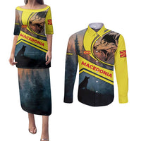 Macedonia Couples Matching Puletasi and Long Sleeve Button Shirt with Forest Wolf and Sunset Silhouette Design - Wonder Print Shop