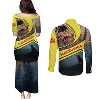 Macedonia Couples Matching Puletasi and Long Sleeve Button Shirt with Forest Wolf and Sunset Silhouette Design - Wonder Print Shop