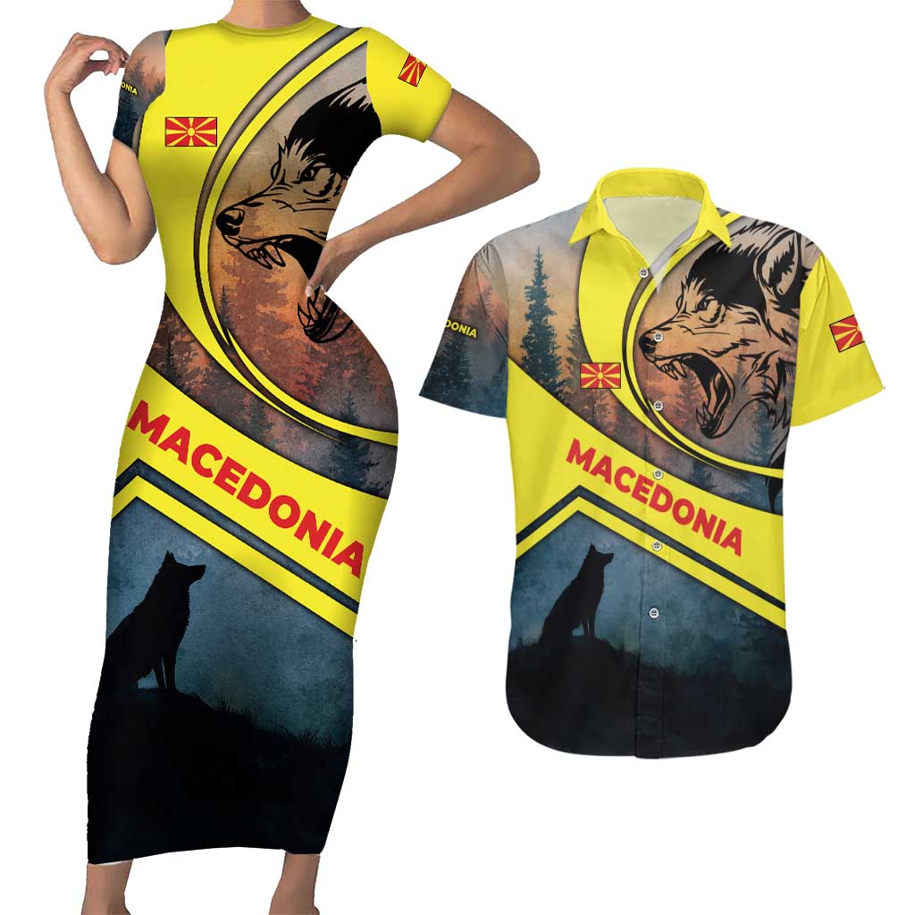 Macedonia Couples Matching Short Sleeve Bodycon Dress and Hawaiian Shirt with Forest Wolf and Sunset Silhouette Design - Wonder Print Shop
