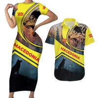 Macedonia Couples Matching Short Sleeve Bodycon Dress and Hawaiian Shirt with Forest Wolf and Sunset Silhouette Design - Wonder Print Shop