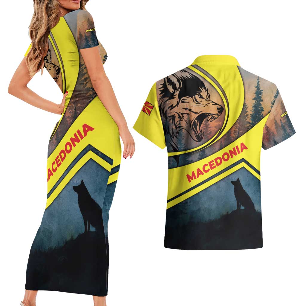 Macedonia Couples Matching Short Sleeve Bodycon Dress and Hawaiian Shirt with Forest Wolf and Sunset Silhouette Design - Wonder Print Shop