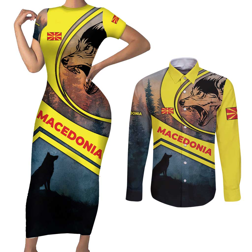 Macedonia Couples Matching Short Sleeve Bodycon Dress and Long Sleeve Button Shirt with Forest Wolf and Sunset Silhouette Design - Wonder Print Shop