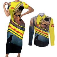 Macedonia Couples Matching Short Sleeve Bodycon Dress and Long Sleeve Button Shirt with Forest Wolf and Sunset Silhouette Design - Wonder Print Shop
