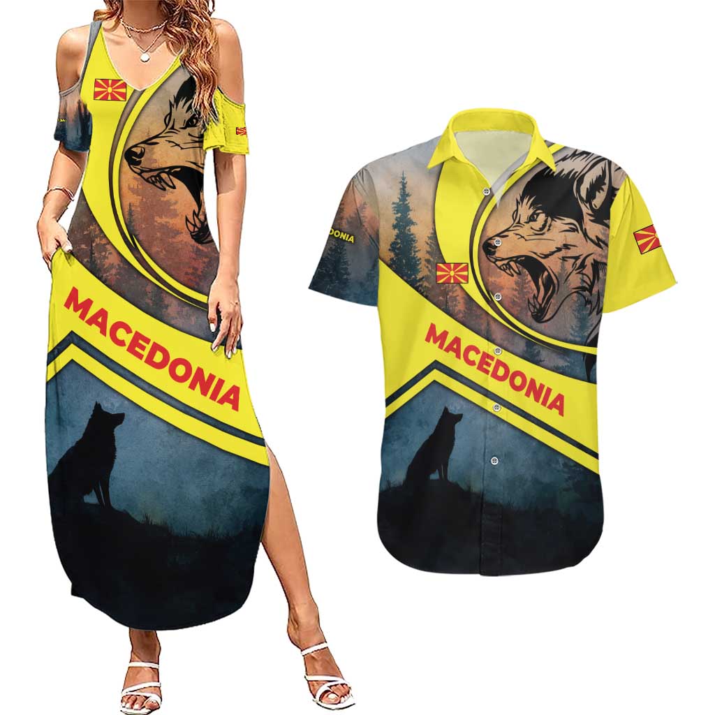 Macedonia Couples Matching Summer Maxi Dress and Hawaiian Shirt with Forest Wolf and Sunset Silhouette Design - Wonder Print Shop