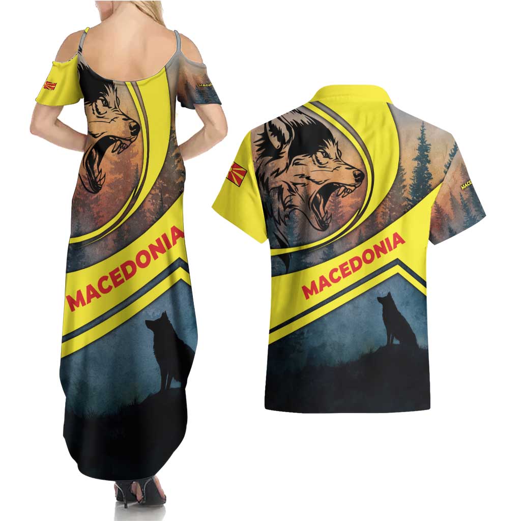 Macedonia Couples Matching Summer Maxi Dress and Hawaiian Shirt with Forest Wolf and Sunset Silhouette Design - Wonder Print Shop