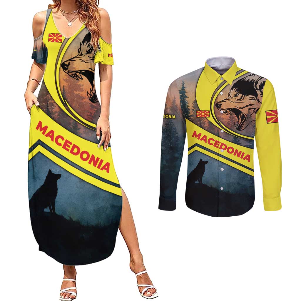 Macedonia Couples Matching Summer Maxi Dress and Long Sleeve Button Shirt with Forest Wolf and Sunset Silhouette Design - Wonder Print Shop