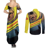 Macedonia Couples Matching Summer Maxi Dress and Long Sleeve Button Shirt with Forest Wolf and Sunset Silhouette Design - Wonder Print Shop