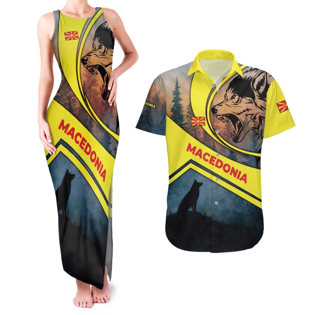 Macedonia Couples Matching Tank Maxi Dress and Hawaiian Shirt with Forest Wolf and Sunset Silhouette Design - Wonder Print Shop