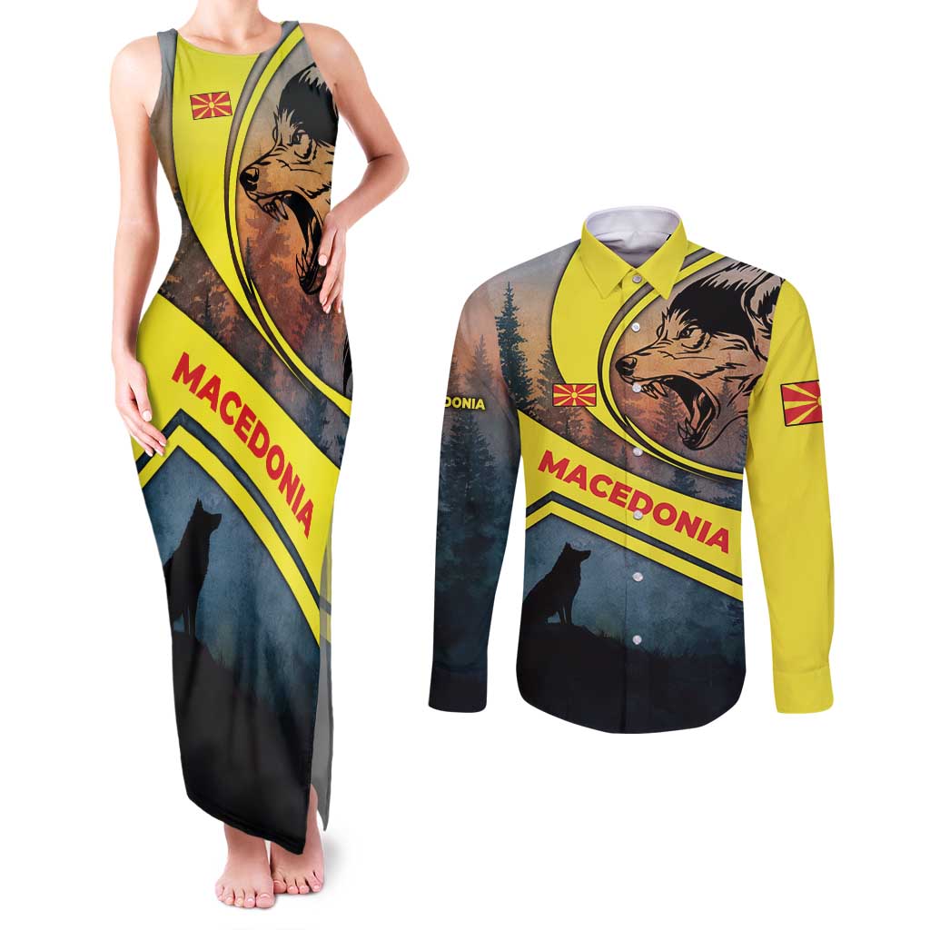 Macedonia Couples Matching Tank Maxi Dress and Long Sleeve Button Shirt with Forest Wolf and Sunset Silhouette Design - Wonder Print Shop