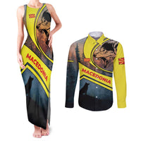 Macedonia Couples Matching Tank Maxi Dress and Long Sleeve Button Shirt with Forest Wolf and Sunset Silhouette Design - Wonder Print Shop