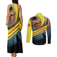 Macedonia Couples Matching Tank Maxi Dress and Long Sleeve Button Shirt with Forest Wolf and Sunset Silhouette Design - Wonder Print Shop