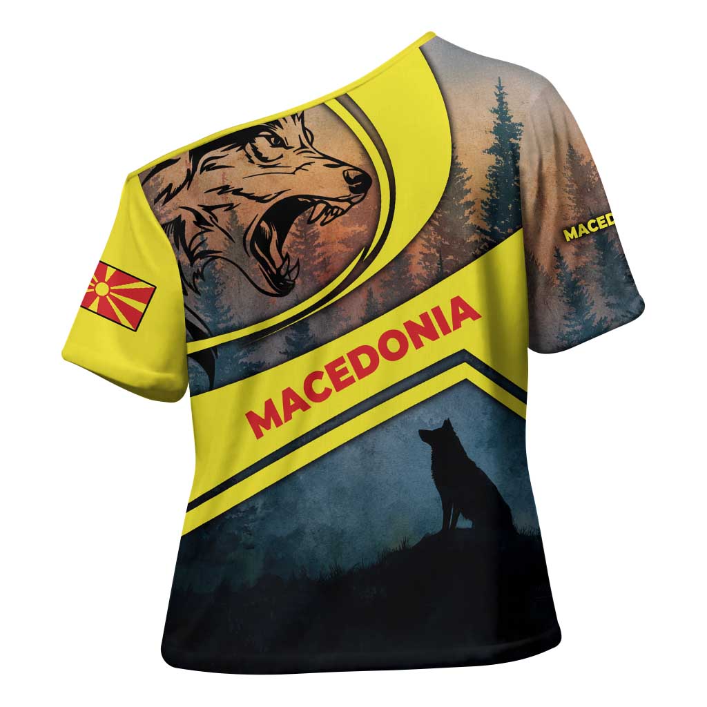 Macedonia Cross Shoulder Shirt with Forest Wolf and Sunset Silhouette Design - Wonder Print Shop