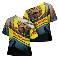 Macedonia Cross Shoulder Shirt with Forest Wolf and Sunset Silhouette Design - Wonder Print Shop