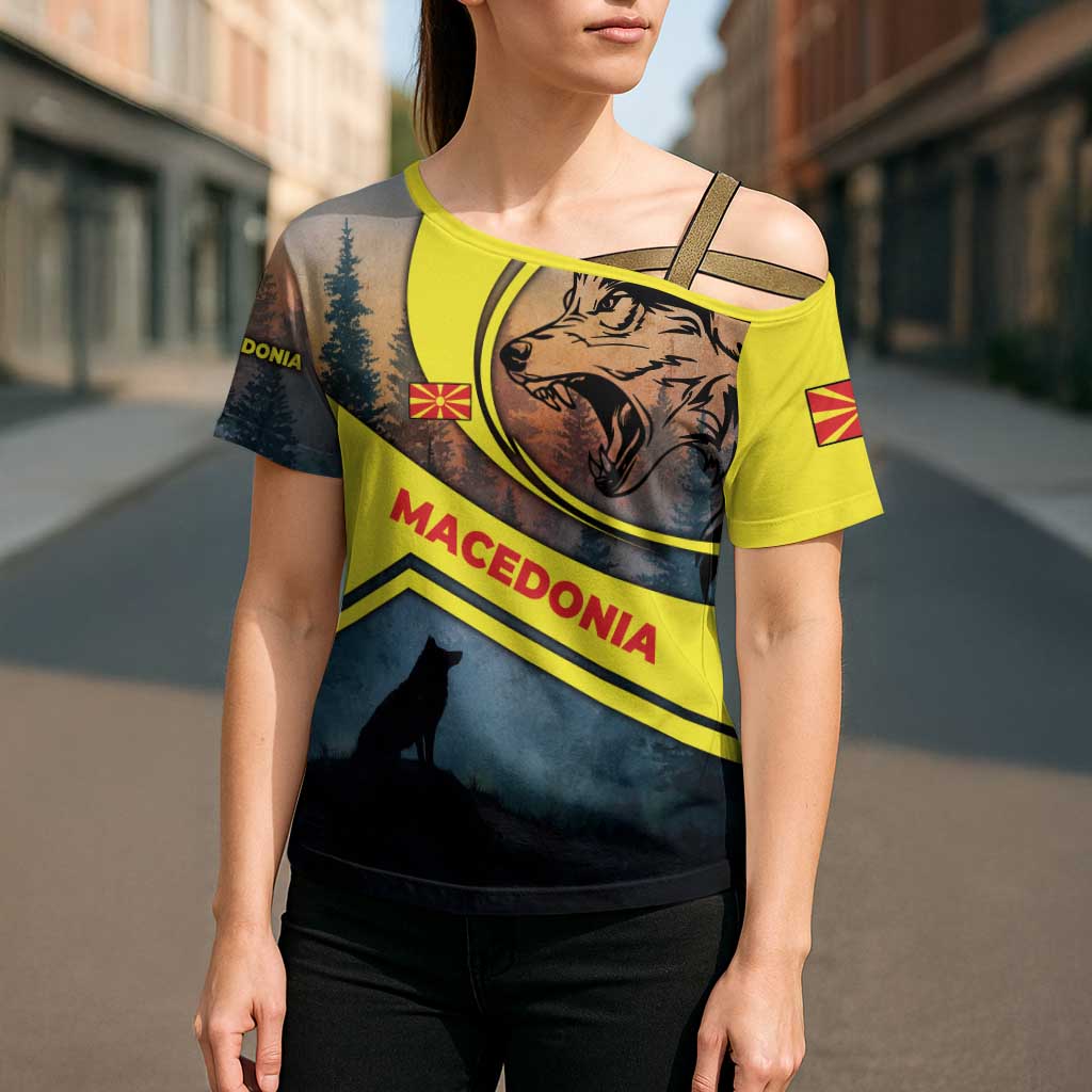 Macedonia Cross Shoulder Shirt with Forest Wolf and Sunset Silhouette Design - Wonder Print Shop