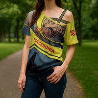 Macedonia Cross Shoulder Shirt with Forest Wolf and Sunset Silhouette Design - Wonder Print Shop