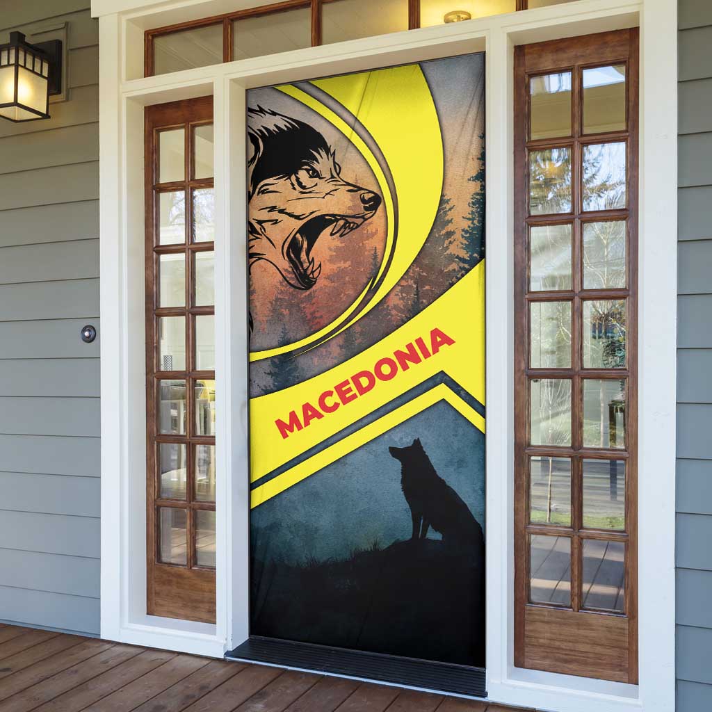 Macedonia Door Cover with Forest Wolf and Sunset Silhouette Design - Wonder Print Shop