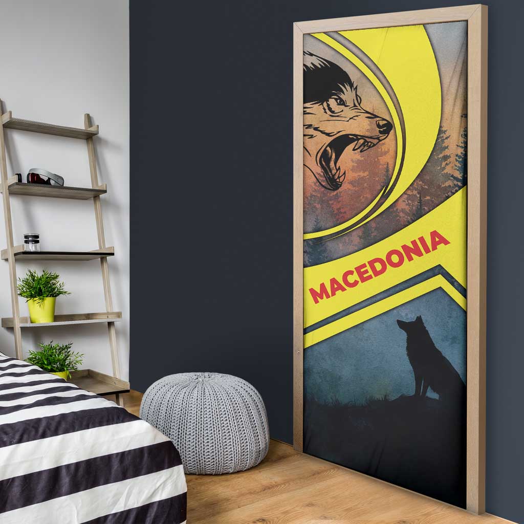 Macedonia Door Cover with Forest Wolf and Sunset Silhouette Design - Wonder Print Shop