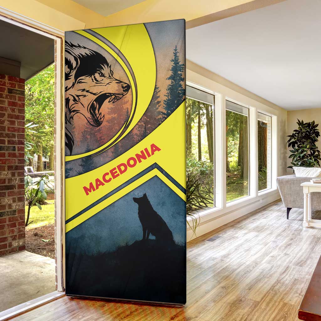 Macedonia Door Cover with Forest Wolf and Sunset Silhouette Design - Wonder Print Shop
