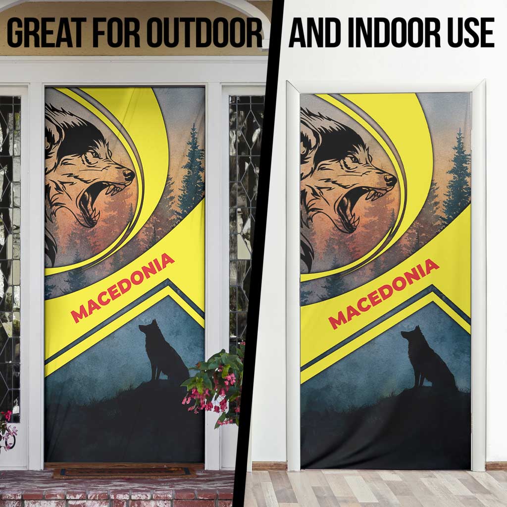 Macedonia Door Cover with Forest Wolf and Sunset Silhouette Design - Wonder Print Shop