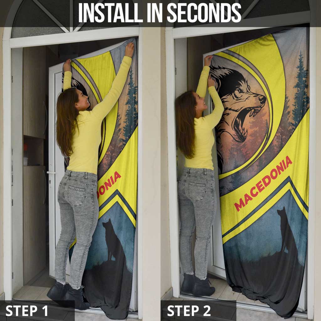Macedonia Door Cover with Forest Wolf and Sunset Silhouette Design - Wonder Print Shop