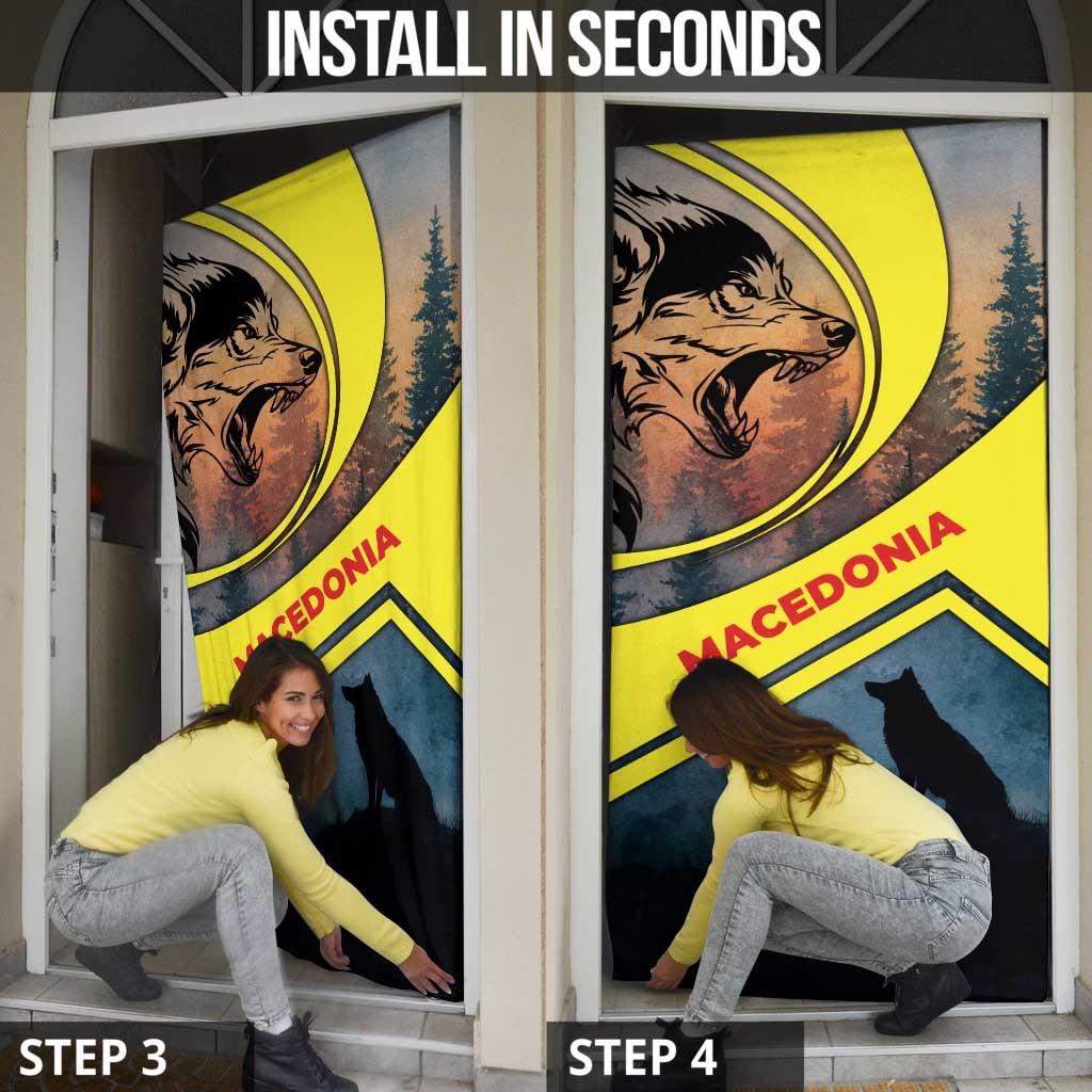 Macedonia Door Cover with Forest Wolf and Sunset Silhouette Design - Wonder Print Shop
