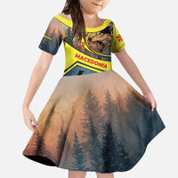 Macedonia Family Matching Long Sleeve Bodycon Dress and Hawaiian Shirt with Forest Wolf and Sunset Silhouette Design - Wonder Print Shop