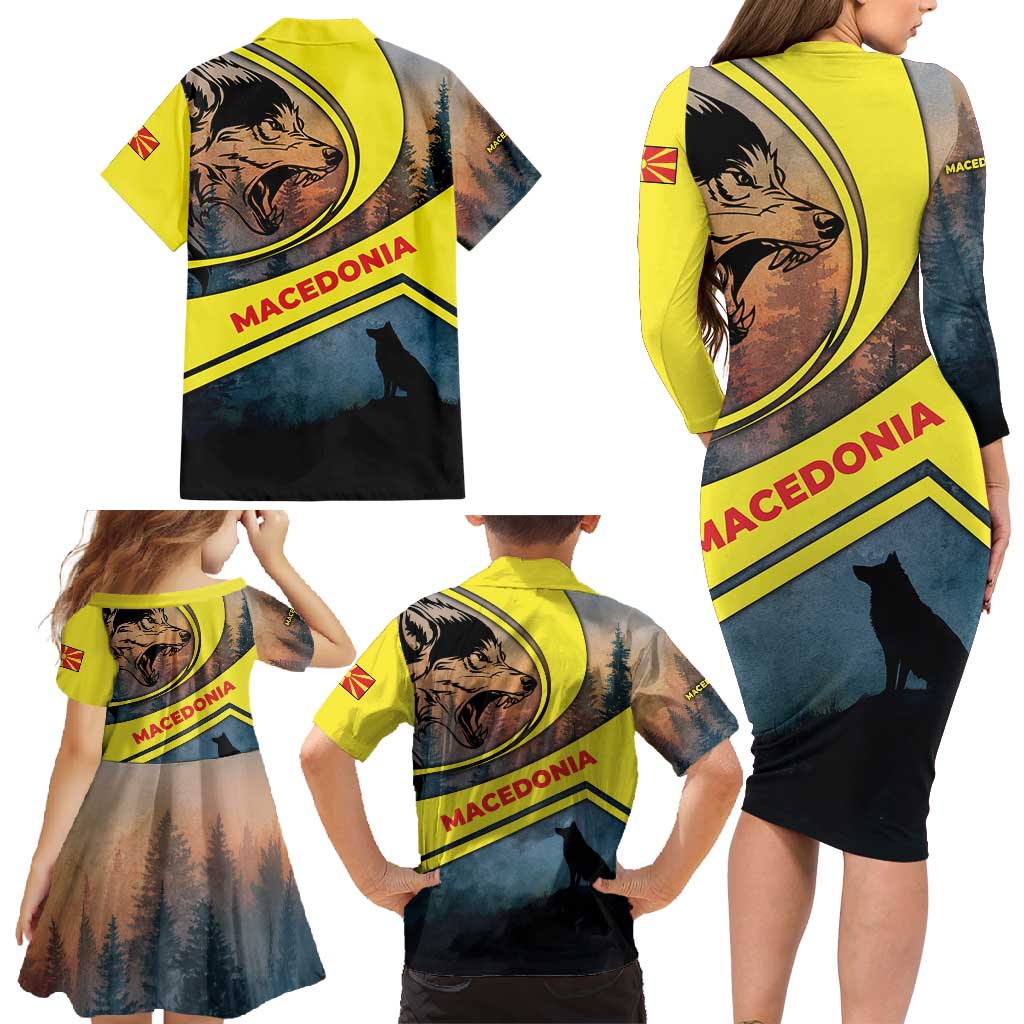 Macedonia Family Matching Long Sleeve Bodycon Dress and Hawaiian Shirt with Forest Wolf and Sunset Silhouette Design - Wonder Print Shop
