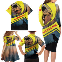 Macedonia Family Matching Long Sleeve Bodycon Dress and Hawaiian Shirt with Forest Wolf and Sunset Silhouette Design - Wonder Print Shop