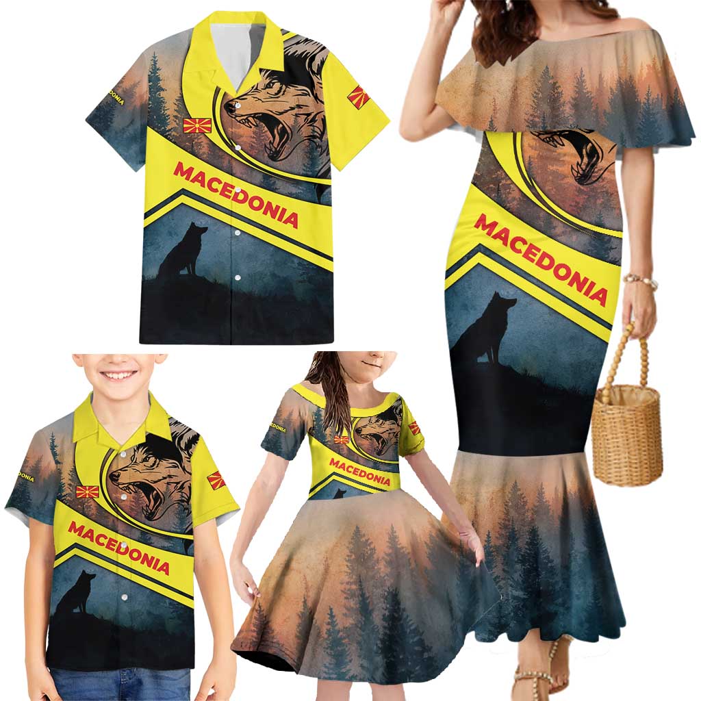 Macedonia Family Matching Mermaid Dress and Hawaiian Shirt with Forest Wolf and Sunset Silhouette Design - Wonder Print Shop