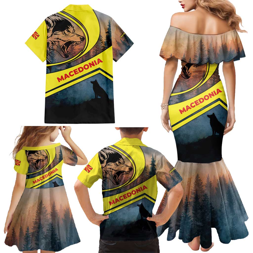 Macedonia Family Matching Mermaid Dress and Hawaiian Shirt with Forest Wolf and Sunset Silhouette Design - Wonder Print Shop
