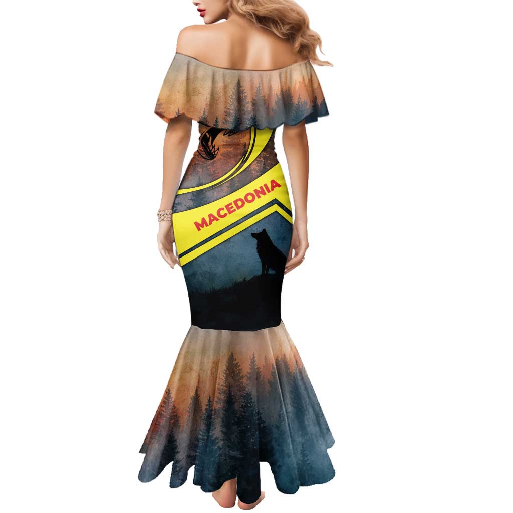 Macedonia Family Matching Mermaid Dress and Hawaiian Shirt with Forest Wolf and Sunset Silhouette Design - Wonder Print Shop