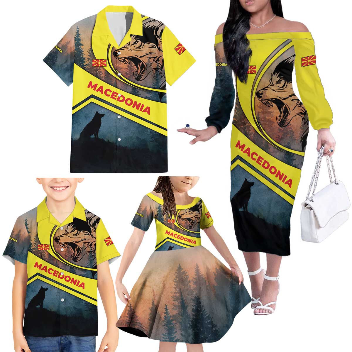 Macedonia Family Matching Off The Shoulder Long Sleeve Dress and Hawaiian Shirt with Forest Wolf and Sunset Silhouette Design - Wonder Print Shop