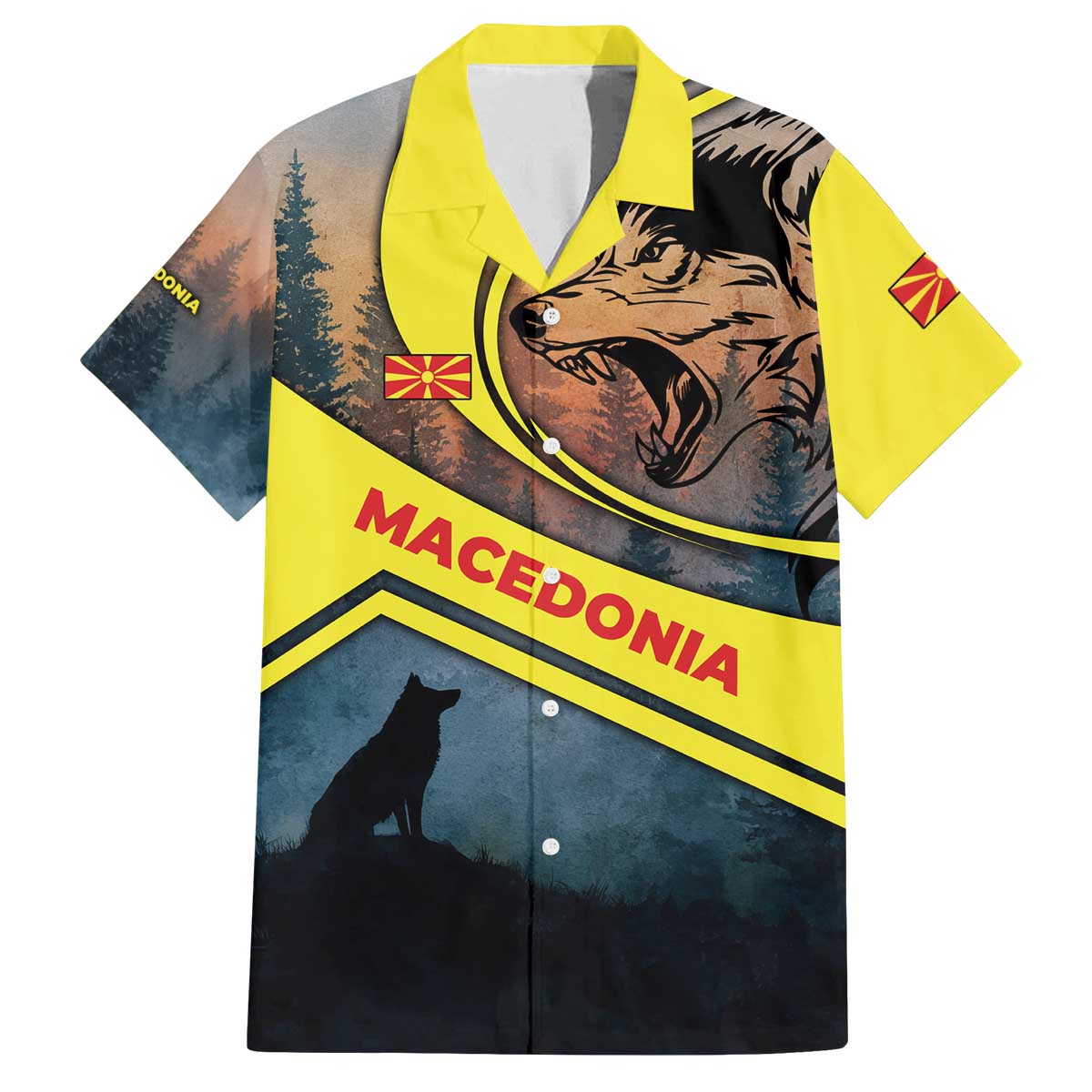 Macedonia Family Matching Off The Shoulder Long Sleeve Dress and Hawaiian Shirt with Forest Wolf and Sunset Silhouette Design - Wonder Print Shop