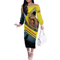 Macedonia Family Matching Off The Shoulder Long Sleeve Dress and Hawaiian Shirt with Forest Wolf and Sunset Silhouette Design - Wonder Print Shop