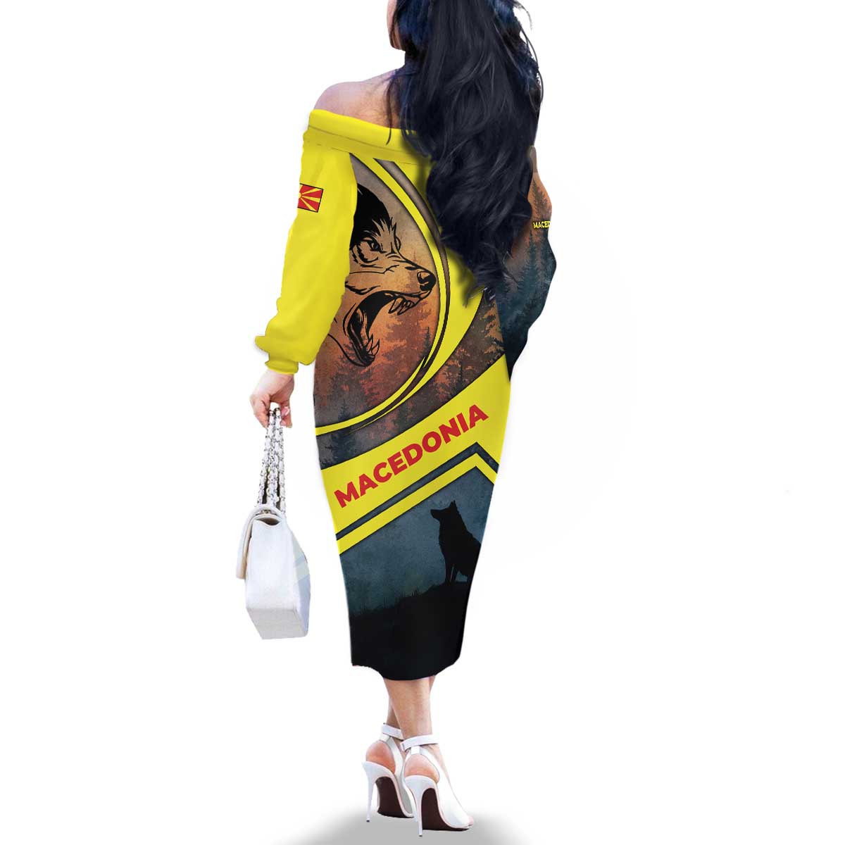 Macedonia Family Matching Off The Shoulder Long Sleeve Dress and Hawaiian Shirt with Forest Wolf and Sunset Silhouette Design - Wonder Print Shop